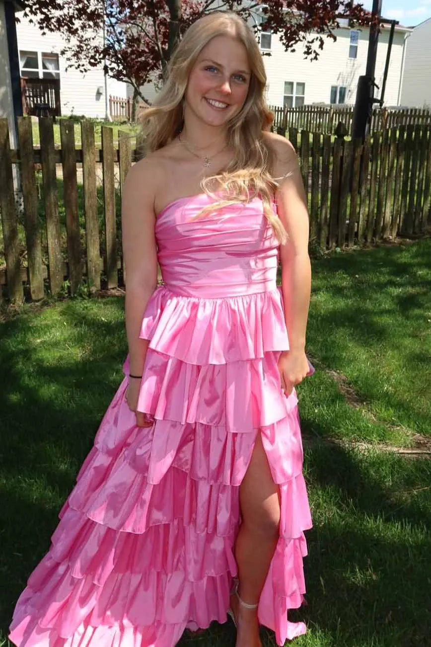 Vibrant Strapless Ruched Tiered Ruffle Satin Ball Gown With Slit