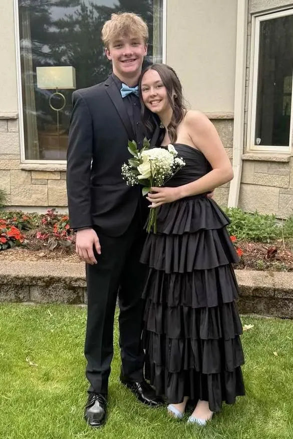 Vibrant Strapless Ruched Tiered Ruffle Satin Ball Gown With Slit