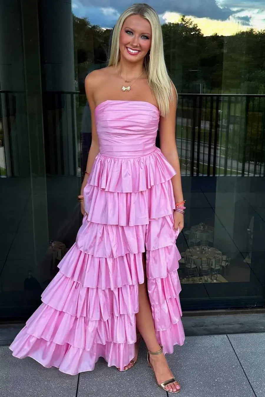 Vibrant Strapless Ruched Tiered Ruffle Satin Ball Gown With Slit