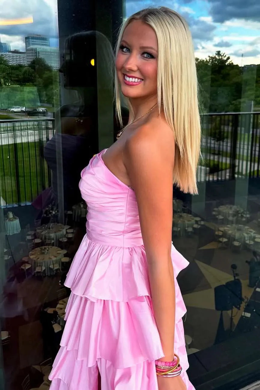 Vibrant Strapless Ruched Tiered Ruffle Satin Ball Gown With Slit