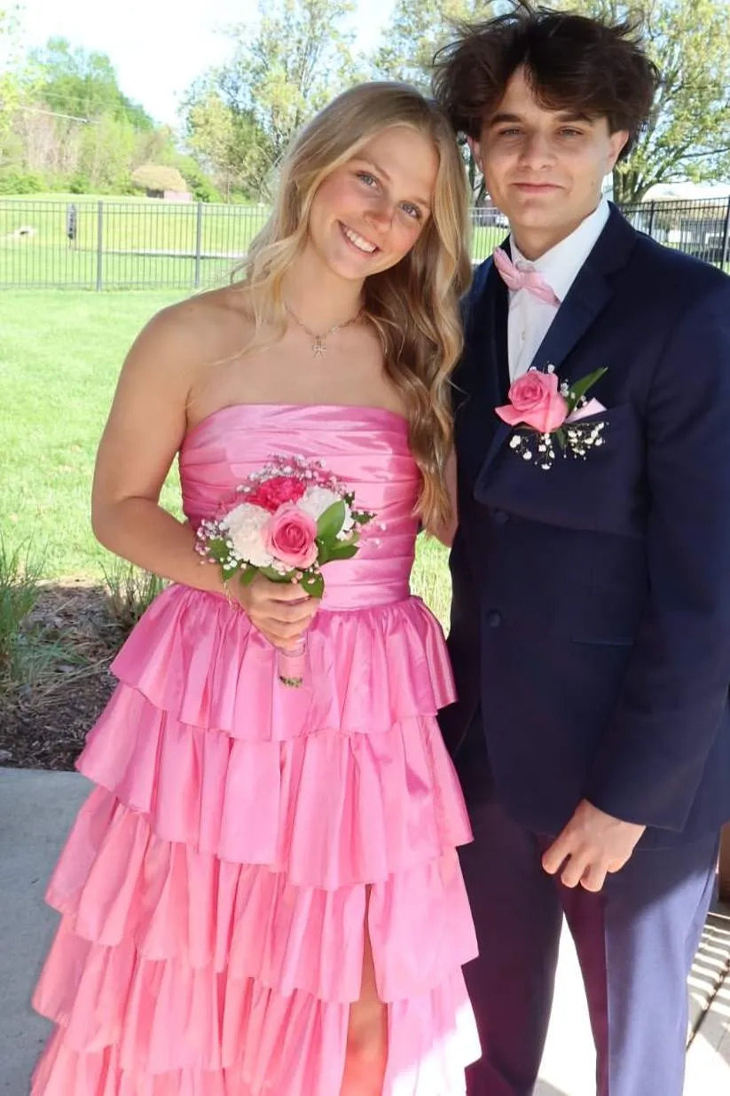 Vibrant Strapless Ruched Tiered Ruffle Satin Ball Gown With Slit