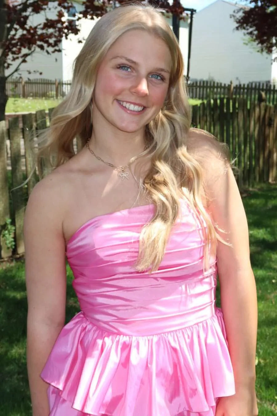 Vibrant Strapless Ruched Tiered Ruffle Satin Ball Gown With Slit