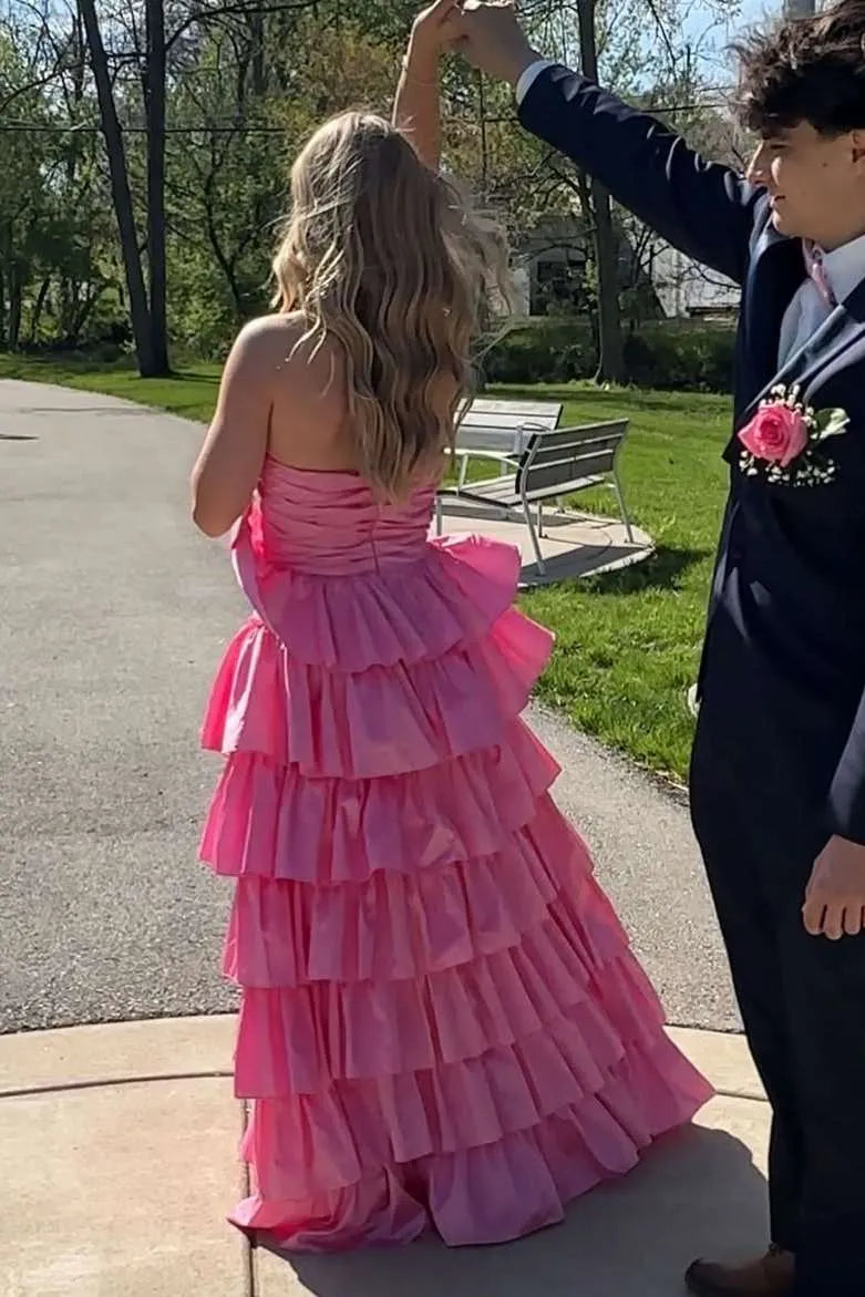 Vibrant Strapless Ruched Tiered Ruffle Satin Ball Gown With Slit