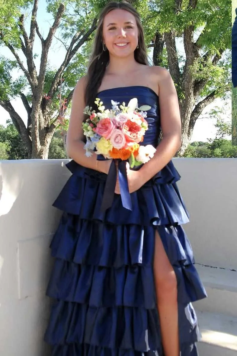 Vibrant Strapless Ruched Tiered Ruffle Satin Ball Gown With Slit