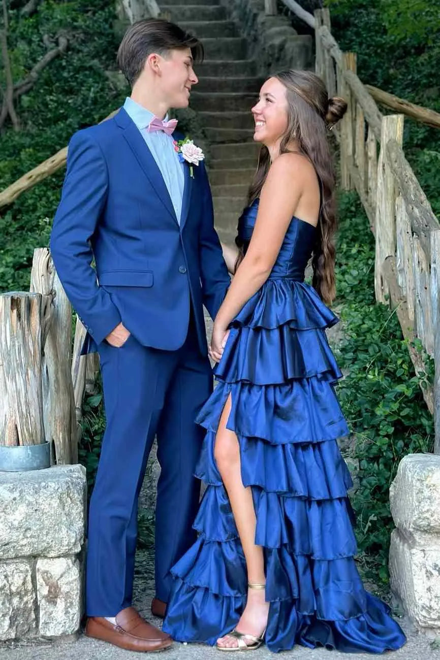 Vibrant Strapless Ruched Tiered Ruffle Satin Ball Gown With Slit
