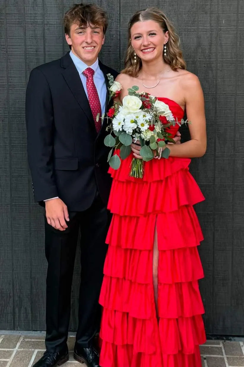 Vibrant Strapless Ruched Tiered Ruffle Satin Ball Gown With Slit