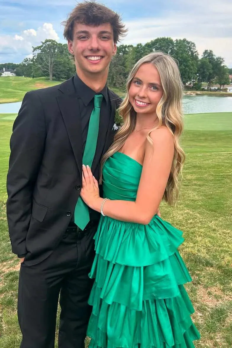 Vibrant Strapless Ruched Tiered Ruffle Satin Ball Gown With Slit