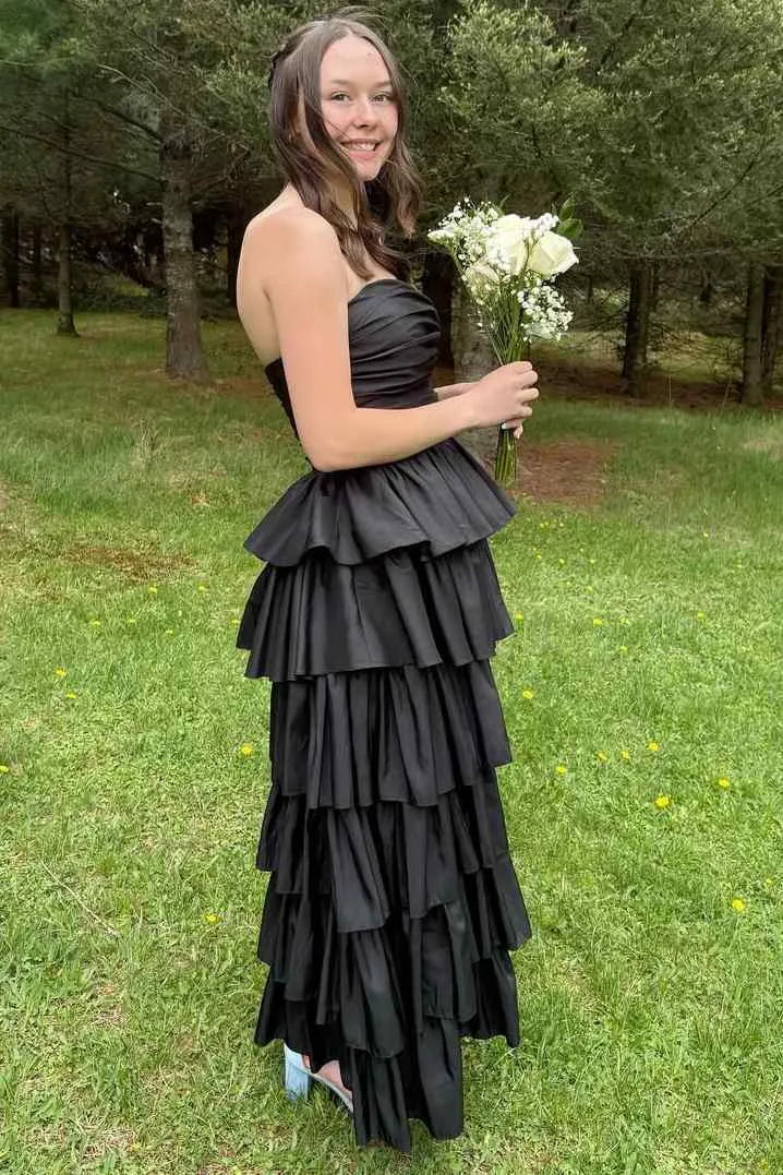 Vibrant Strapless Ruched Tiered Ruffle Satin Ball Gown With Slit