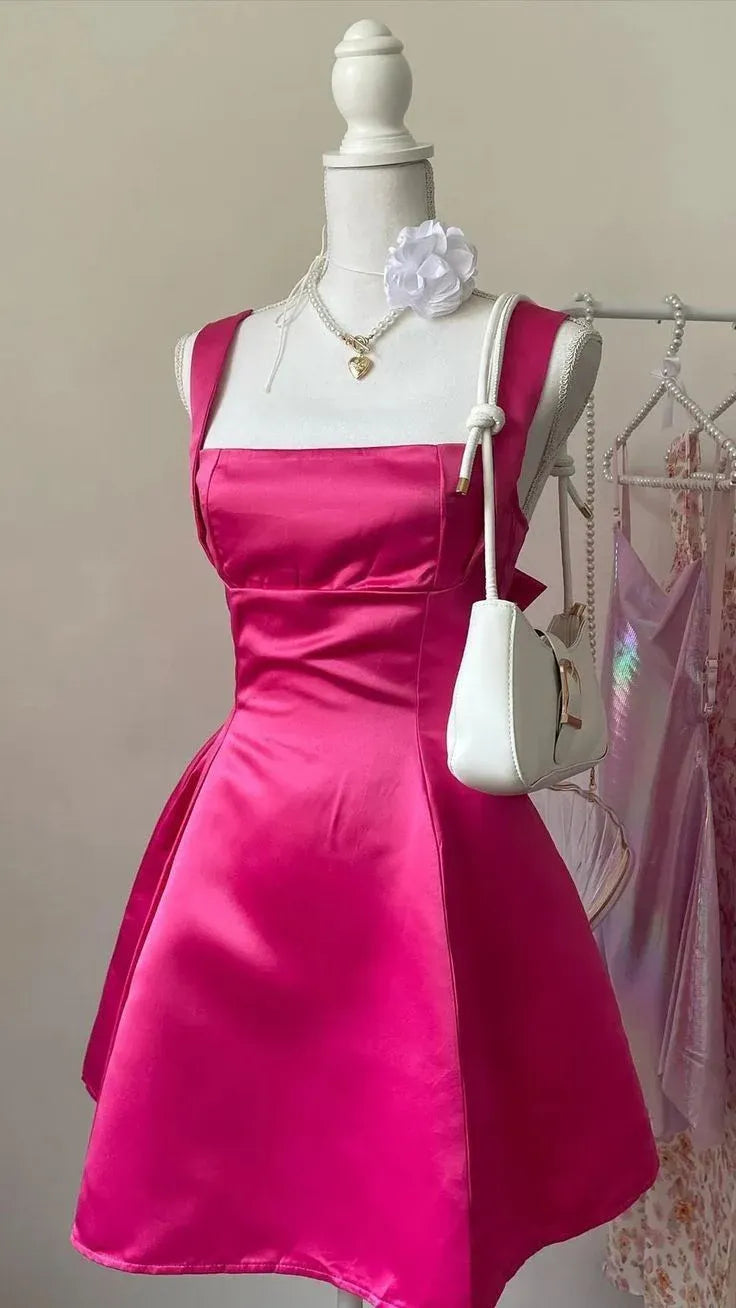 Vibrant A-Line Square Neck Bow Back Satin Hot Pink Short Homecoming Dress