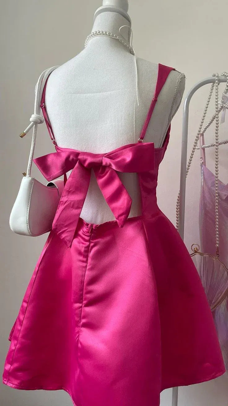Vibrant A-Line Square Neck Bow Back Satin Hot Pink Short Homecoming Dress
