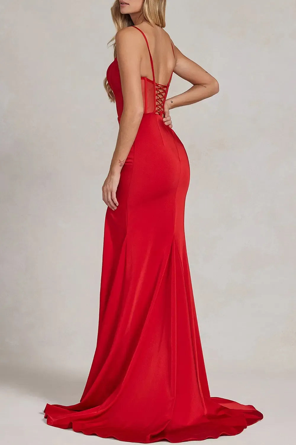 Vibrant Mermaid Spaghetti-Strap Corset Red Floor-Length Prom Dress With Slit