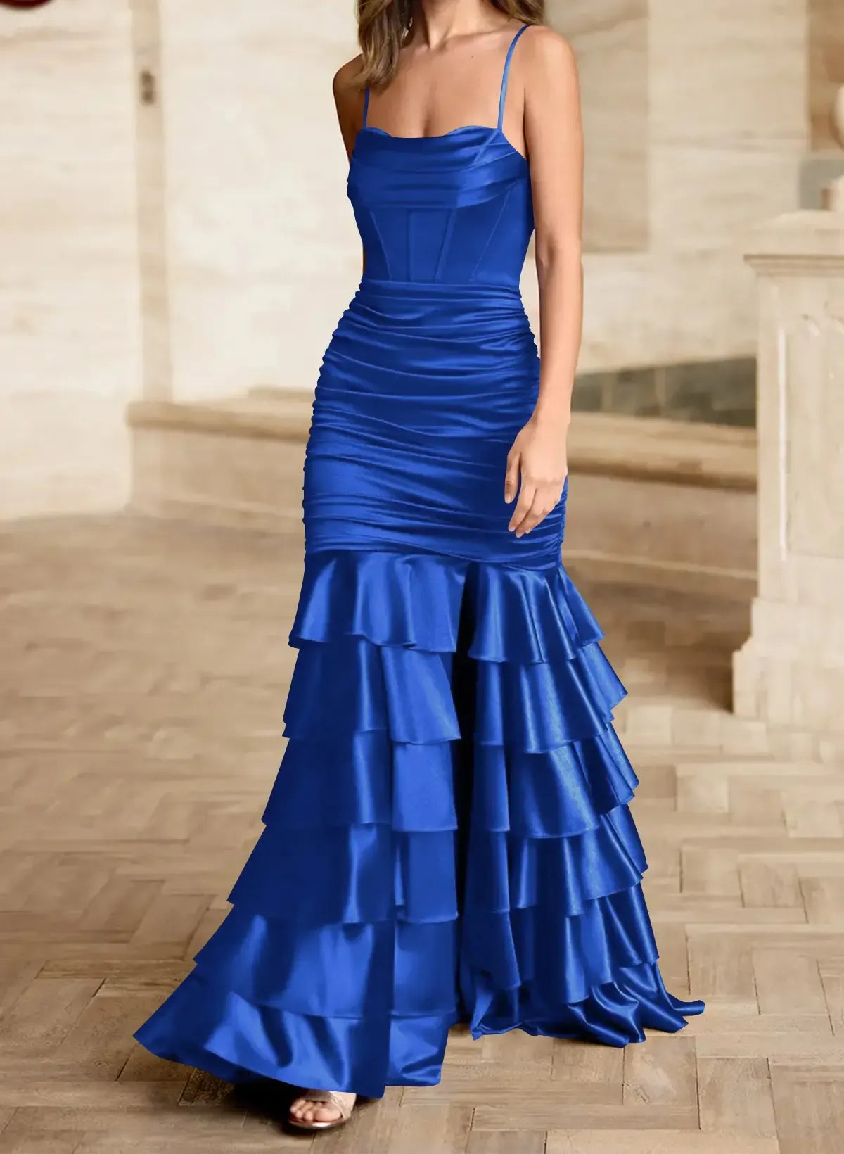 Vibrant Mermaid Spaghetti-Strap Corset Tiered Ruffle Royal Blue Floor-Length Prom Dress