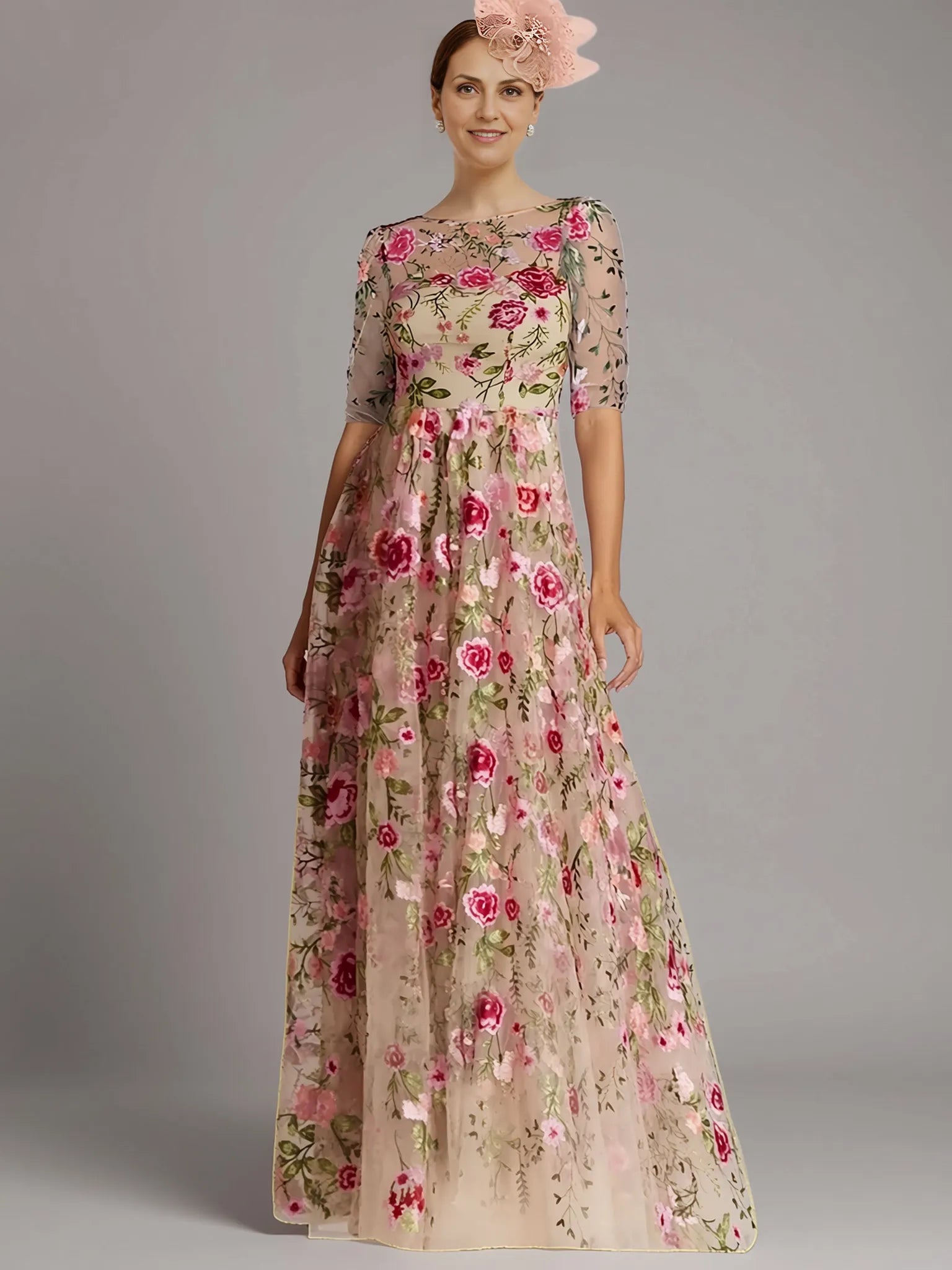 Vintage A-Line Half Sleeve Illusion Neck Tulle Appliques Floor-Length Mother of the Bride Dress
