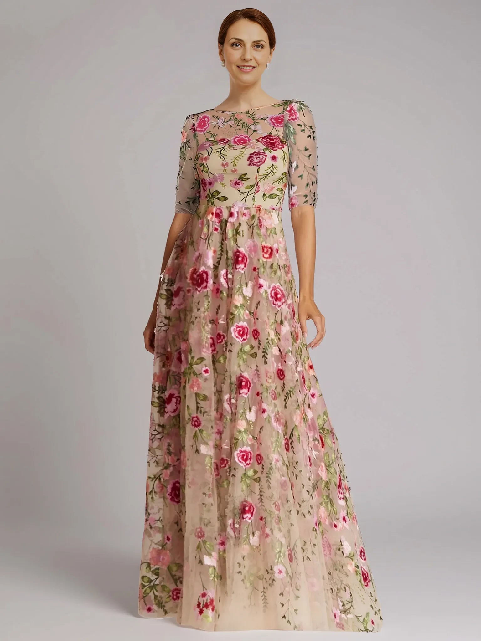 Vintage A-Line Half Sleeve Illusion Neck Tulle Appliques Floor-Length Mother of the Bride Dress