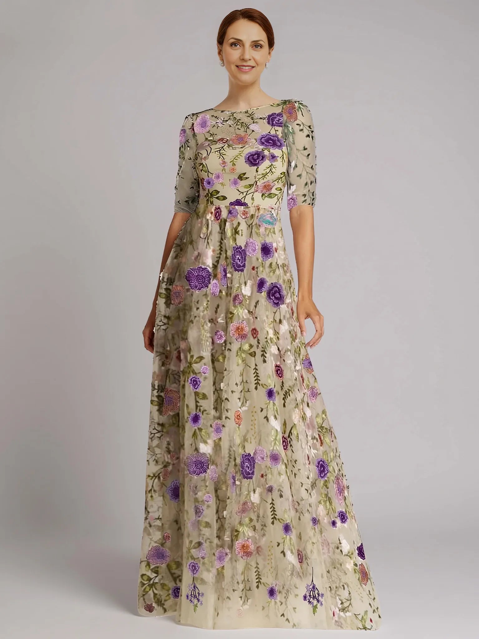 Vintage A-Line Half Sleeve Illusion Neck Tulle Appliques Floor-Length Mother of the Bride Dress
