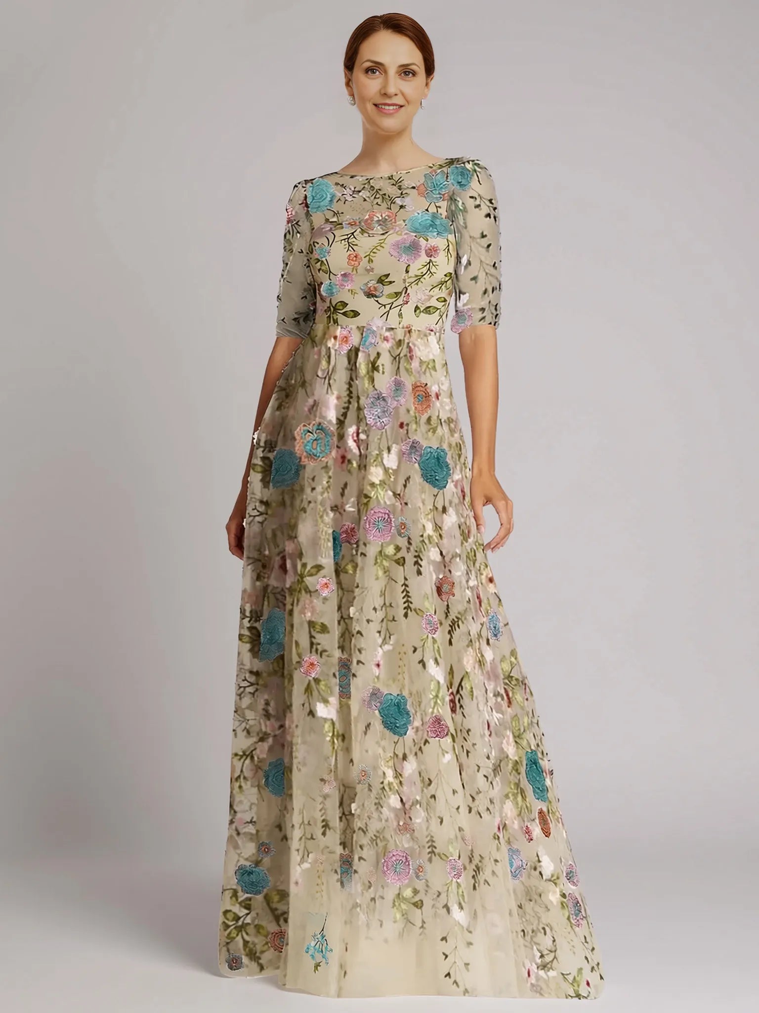 Vintage A-Line Half Sleeve Illusion Neck Tulle Appliques Floor-Length Mother of the Bride Dress