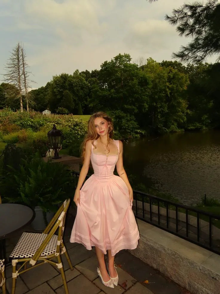Vintage-Inspired A-Line Strapless Sweetheart Lace-Up Midi Evening Dress