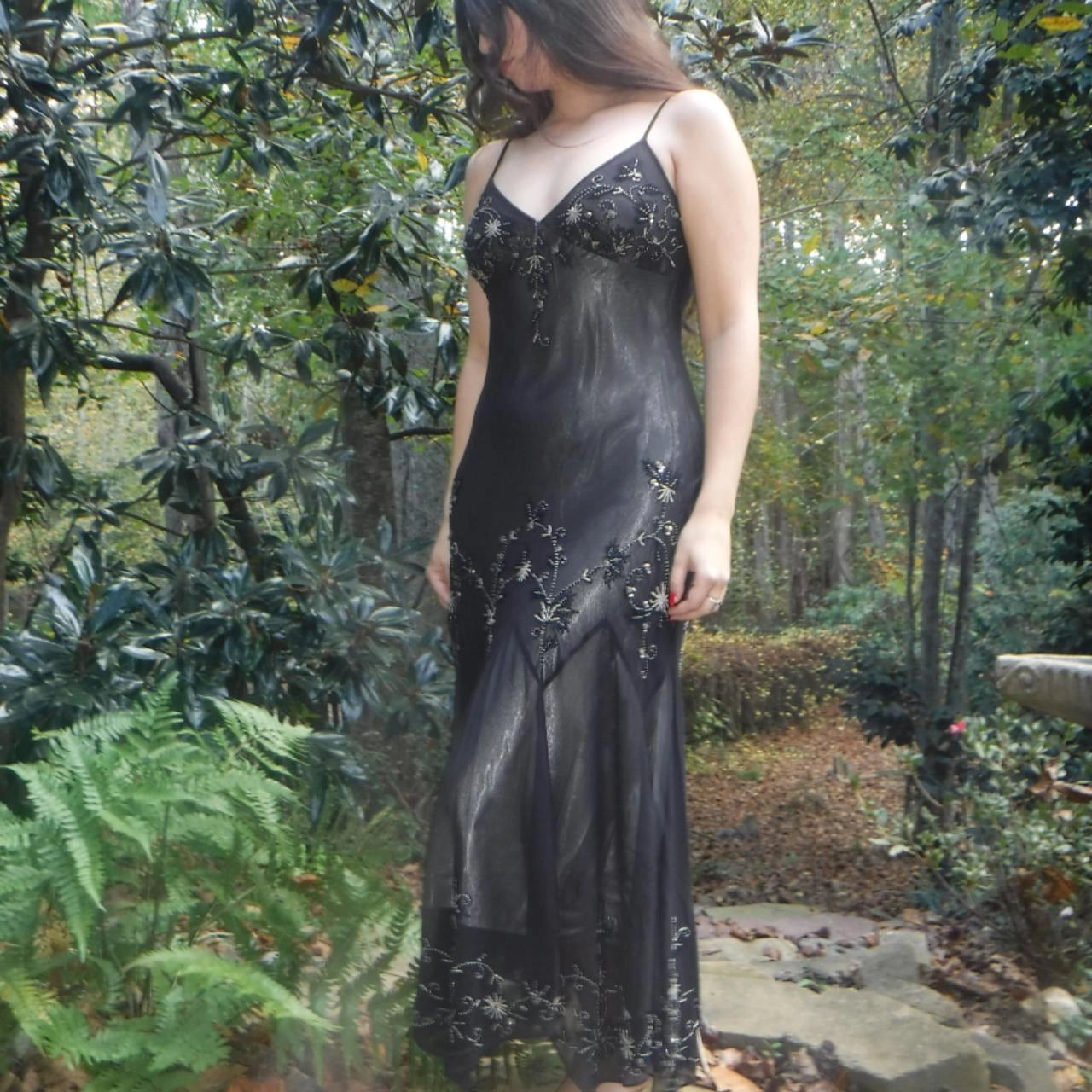 Vintage Spaghetti Strap Beaded Chiffon Midi Dress with Handkerchief Hem