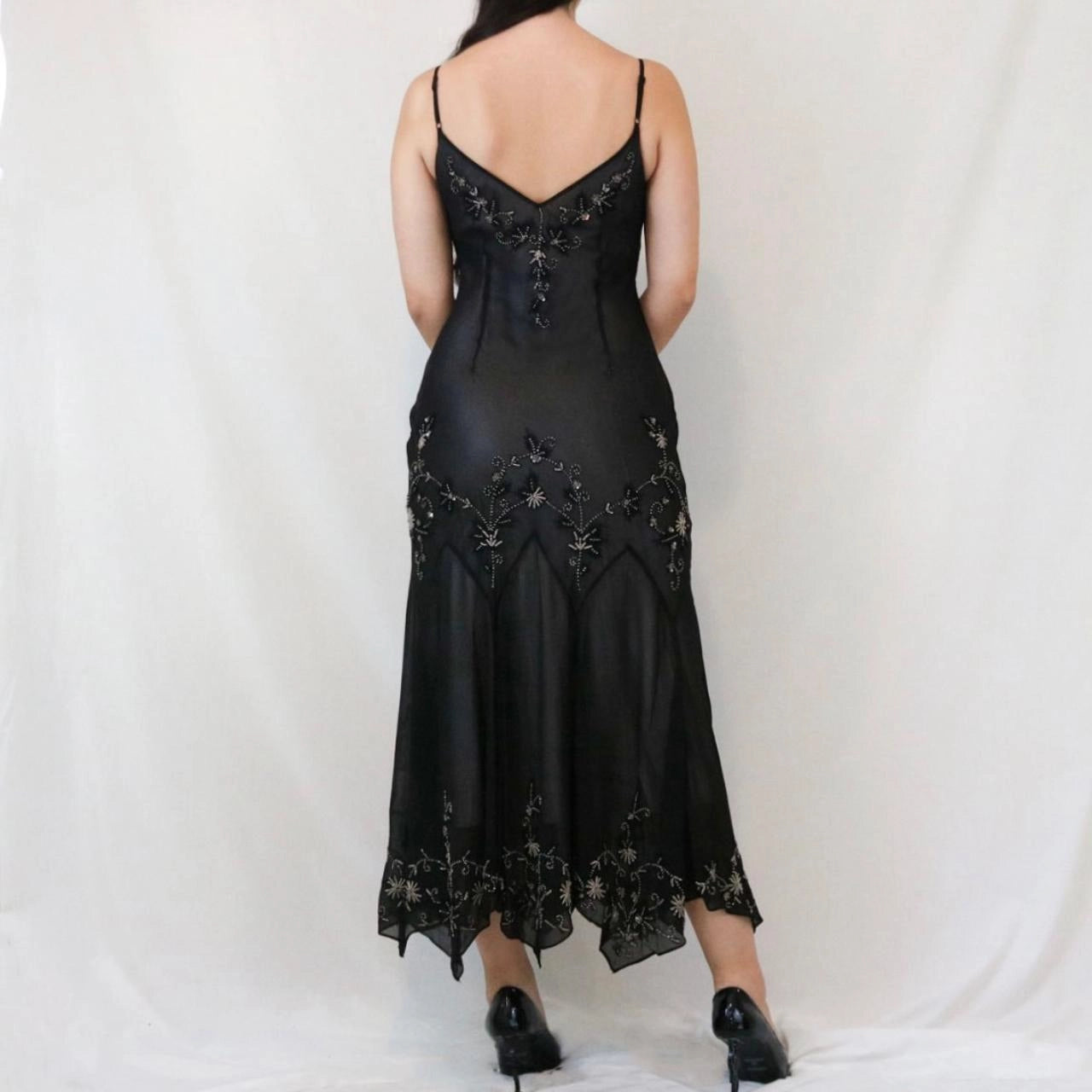 Vintage Spaghetti Strap Beaded Chiffon Midi Dress with Handkerchief Hem