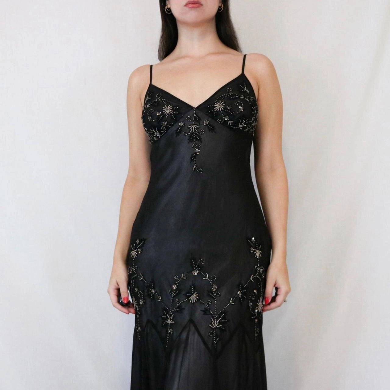 Vintage Spaghetti Strap Beaded Chiffon Midi Dress with Handkerchief Hem