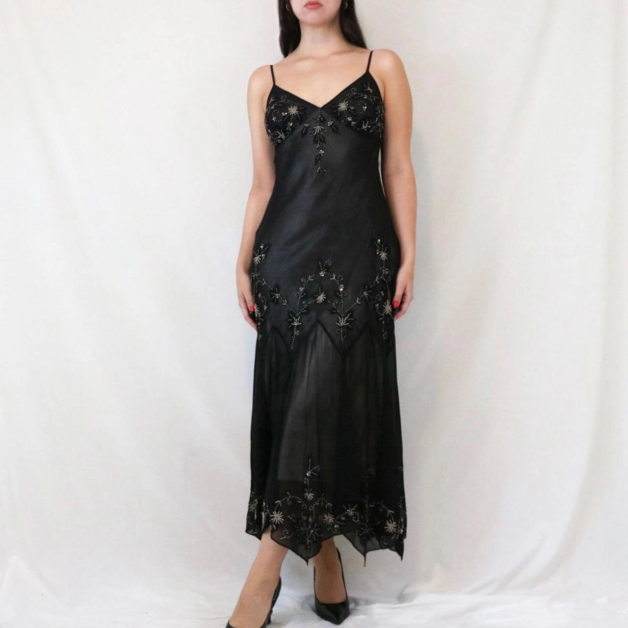Vintage Spaghetti Strap Beaded Chiffon Midi Dress with Handkerchief Hem