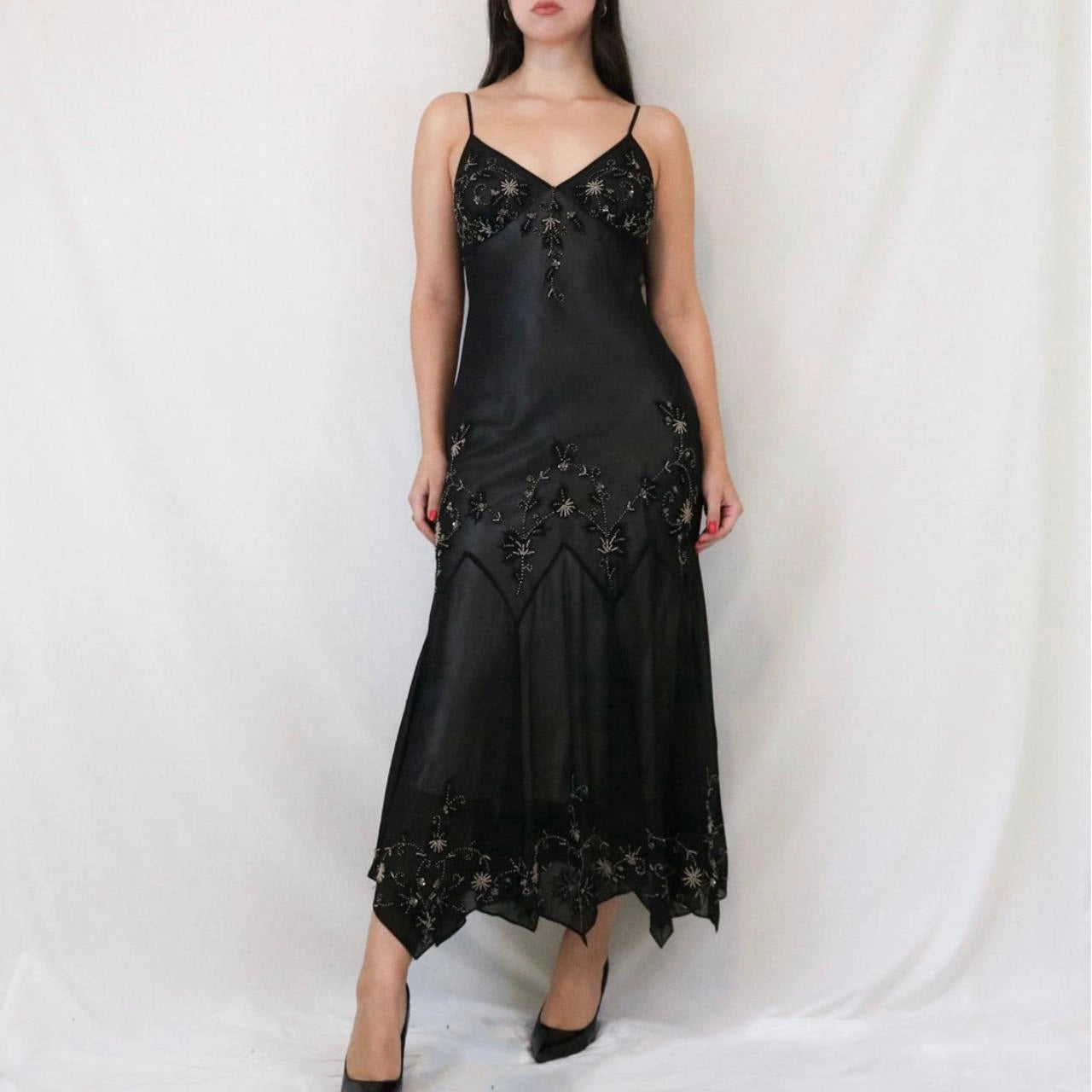 Vintage Spaghetti Strap Beaded Chiffon Midi Dress with Handkerchief Hem