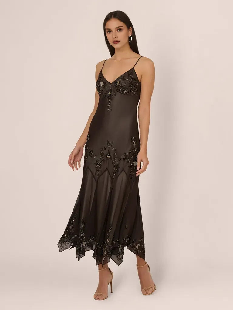 Vintage Spaghetti Strap Beaded Chiffon Midi Dress with Handkerchief Hem