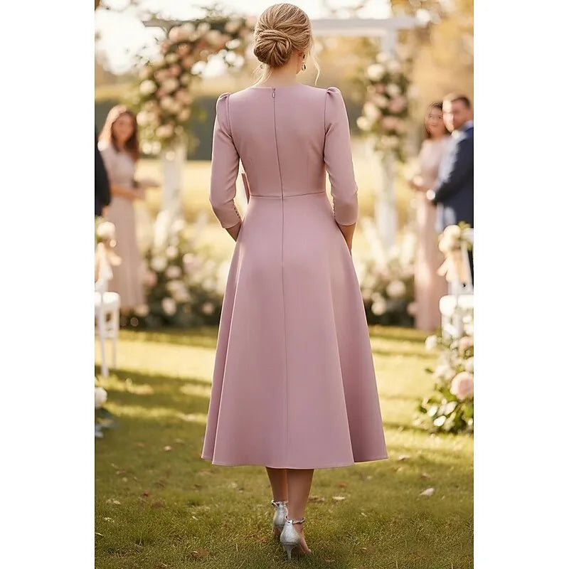 Vintage A-Line 3/4 Length Sleeve V Neck Satin Bow(s) Tea-Length Mother of the Bride Dress