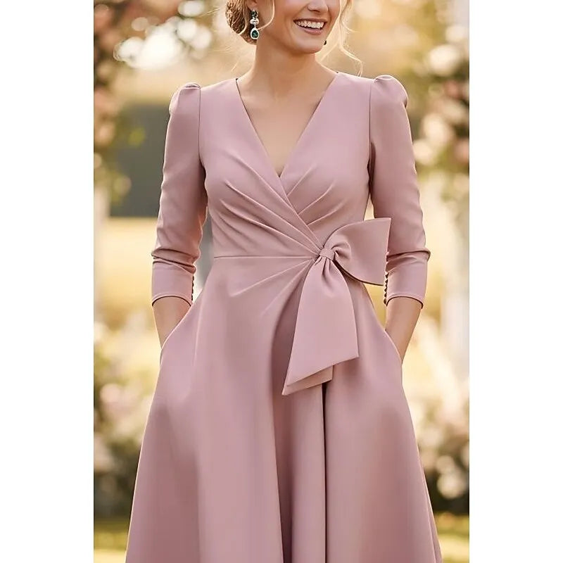 Vintage A-Line 3/4 Length Sleeve V Neck Satin Bow(s) Tea-Length Mother of the Bride Dress