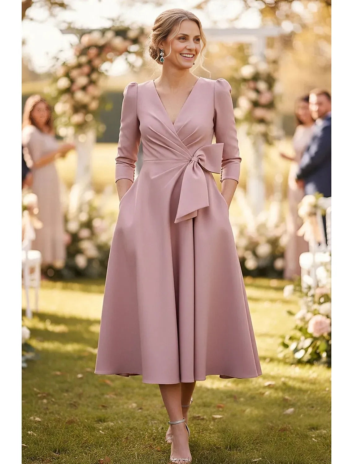 Vintage A-Line 3/4 Length Sleeve V Neck Satin Bow(s) Tea-Length Mother of the Bride Dress