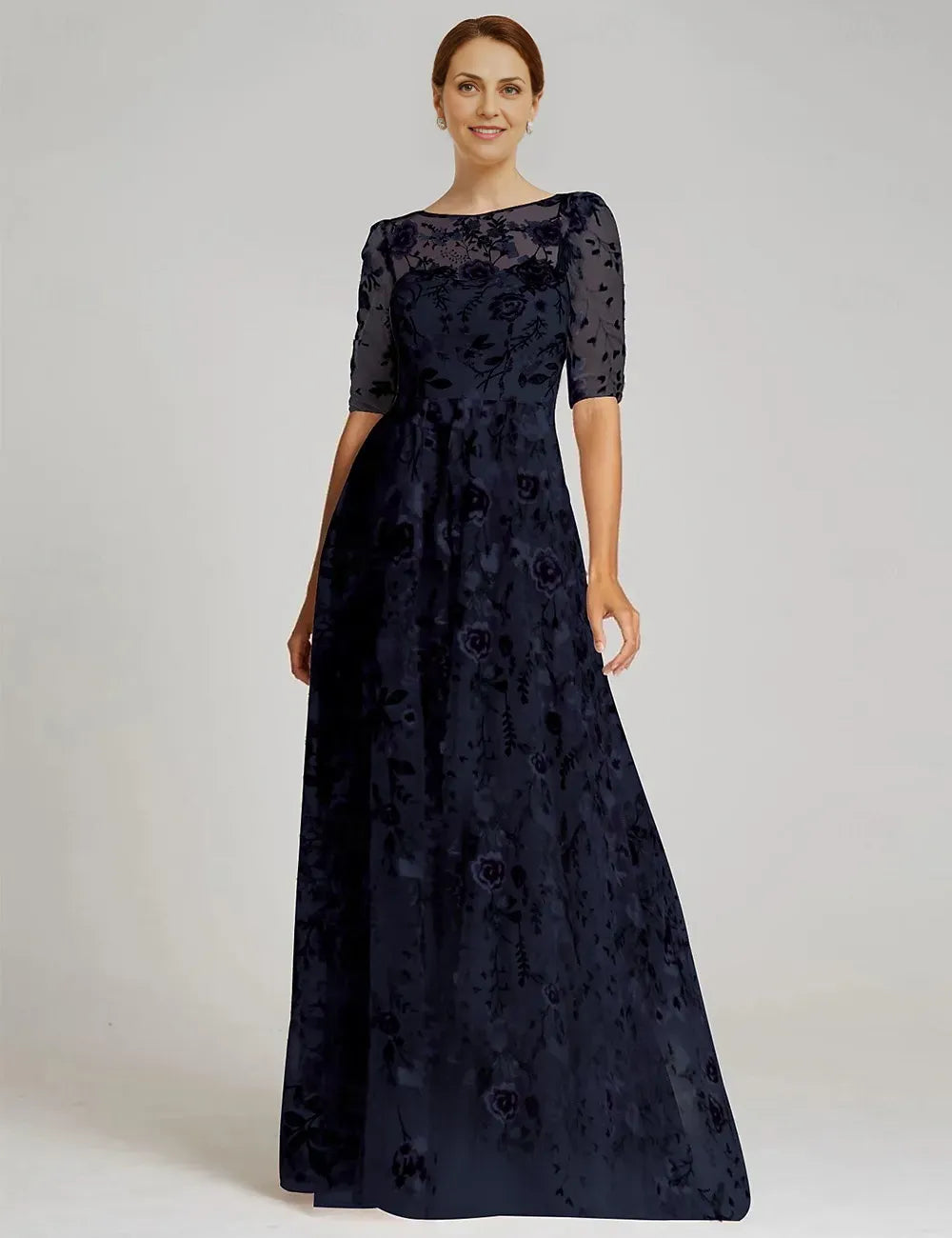 Vintage A-Line Half Sleeve Illusion Neck Tulle Appliques Floor-Length Mother of the Bride Dress