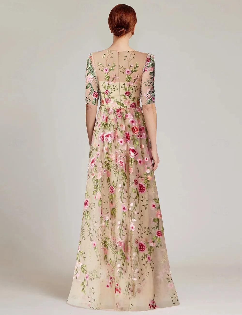 Vintage A-Line Half Sleeve Illusion Neck Tulle Appliques Floor-Length Mother of the Bride Dress