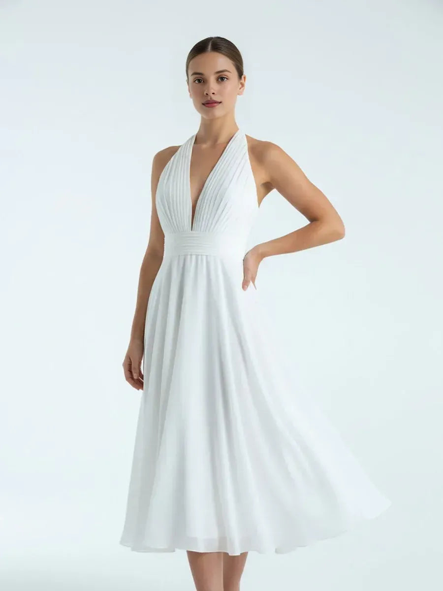 Vintage A-Line Halter Neck Sleeveless Pleated Chiffon Tea-Length Wedding Dress