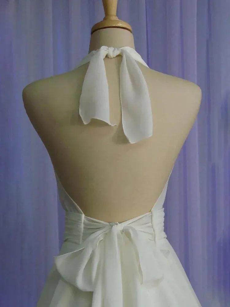 Vintage A-Line Halter Neck Sleeveless Pleated Chiffon Tea-Length Wedding Dress