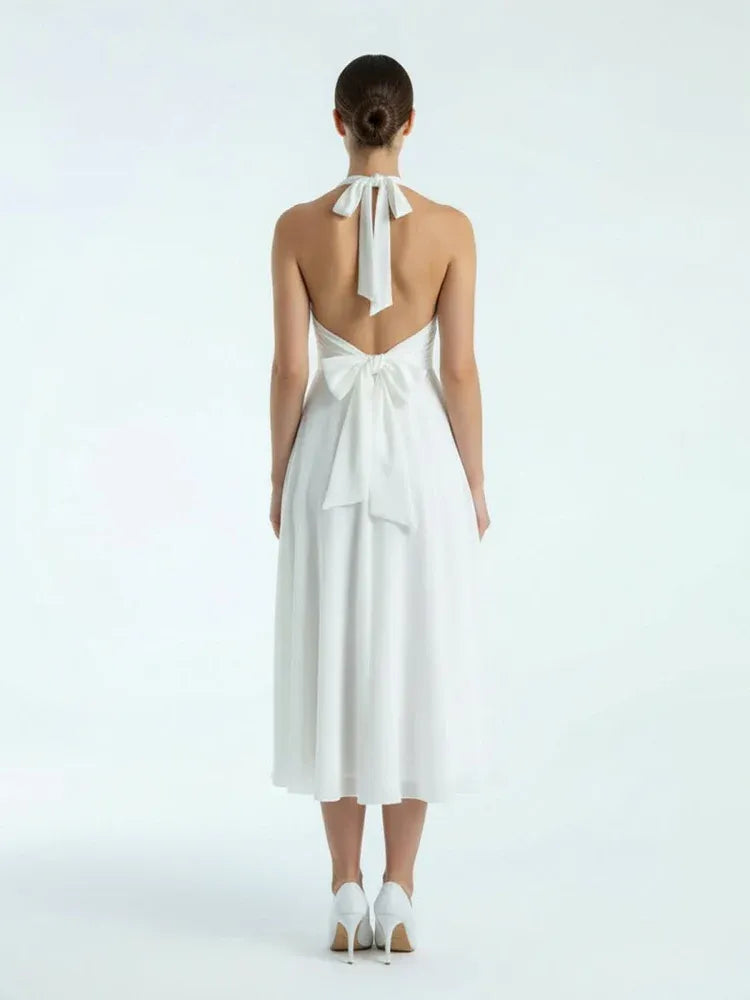 Vintage A-Line Halter Neck Sleeveless Pleated Chiffon Tea-Length Wedding Dress