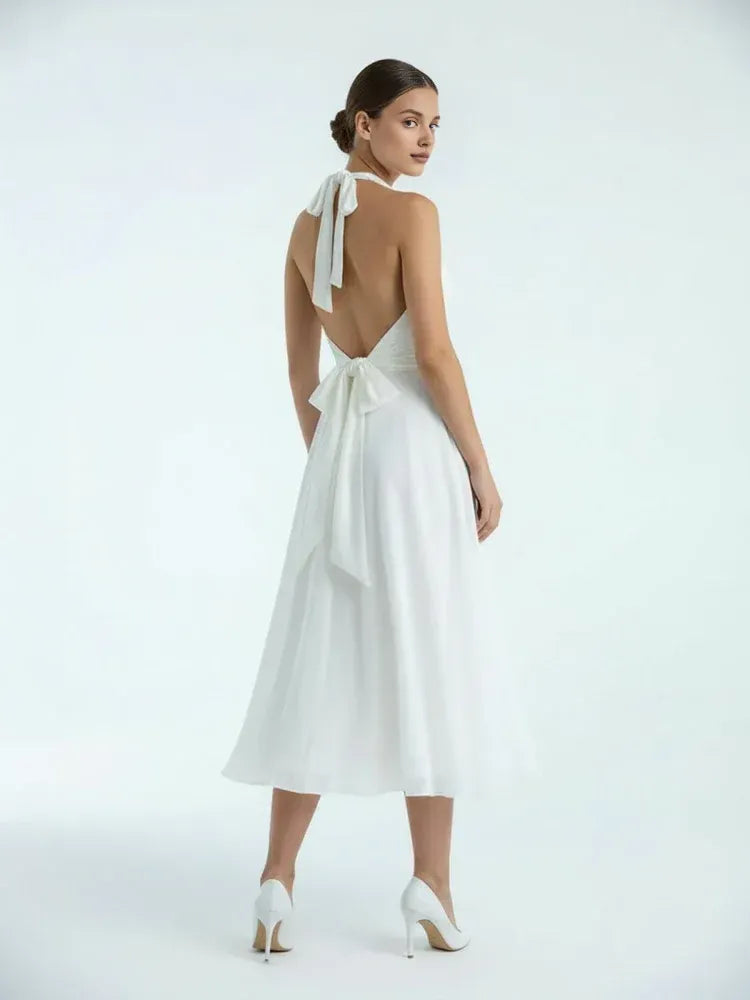 Vintage A-Line Halter Neck Sleeveless Pleated Chiffon Tea-Length Wedding Dress