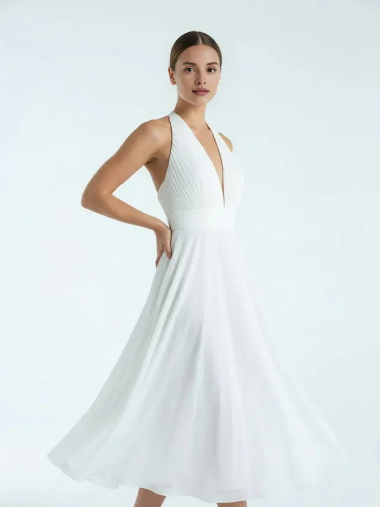 Vintage A-Line Halter Neck Sleeveless Pleated Chiffon Tea-Length Wedding Dress