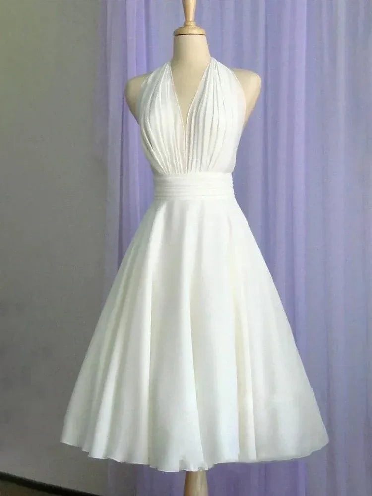Vintage A-Line Halter Neck Sleeveless Pleated Chiffon Tea-Length Wedding Dress