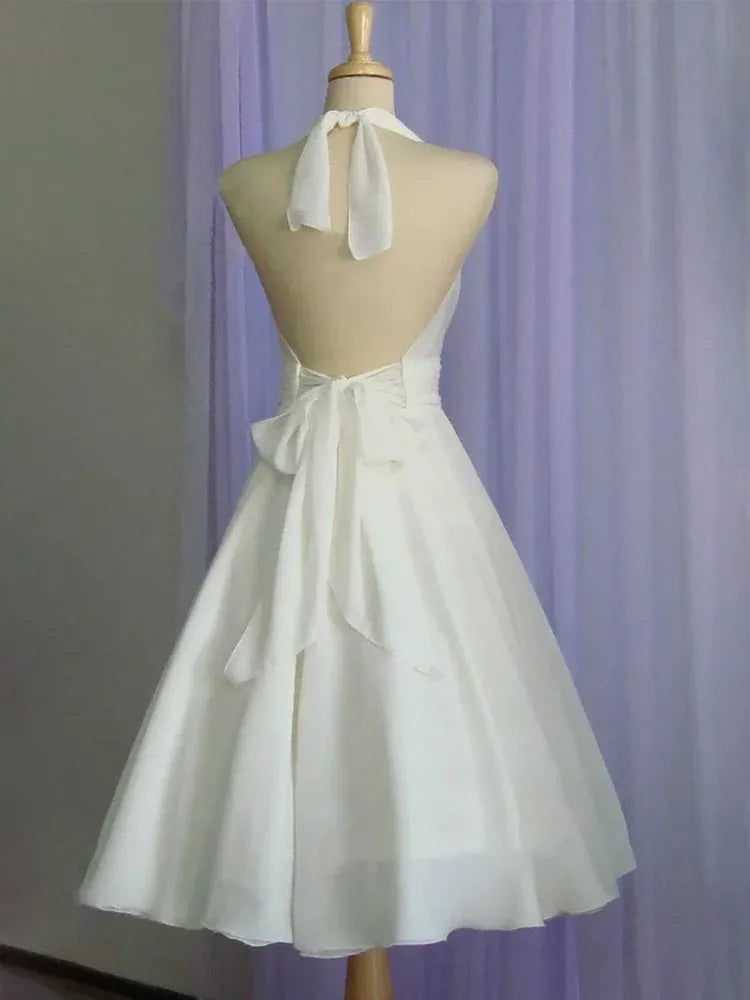 Vintage A-Line Halter Neck Sleeveless Pleated Chiffon Tea-Length Wedding Dress