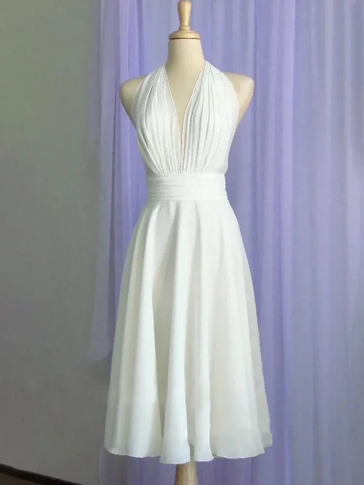 Vintage A-Line Halter Neck Sleeveless Pleated Chiffon Tea-Length Wedding Dress