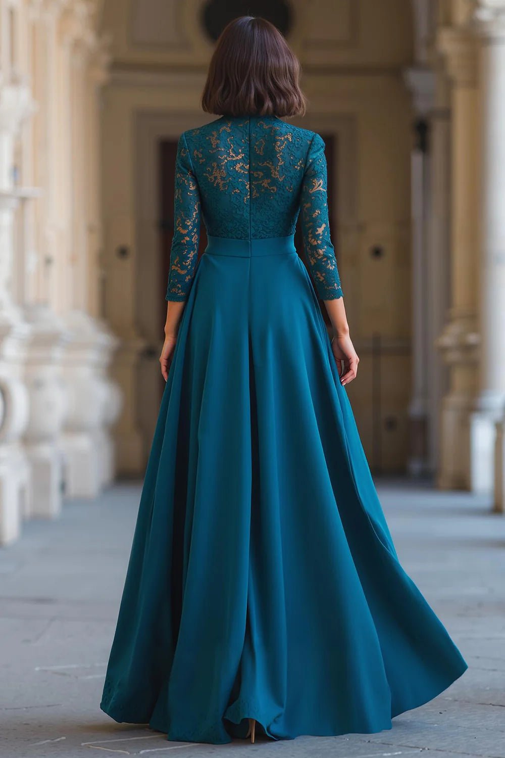 Vintage A-Line High Neck Long Sleeve Zipper Up Floor-Length Mother of the Bride Dress