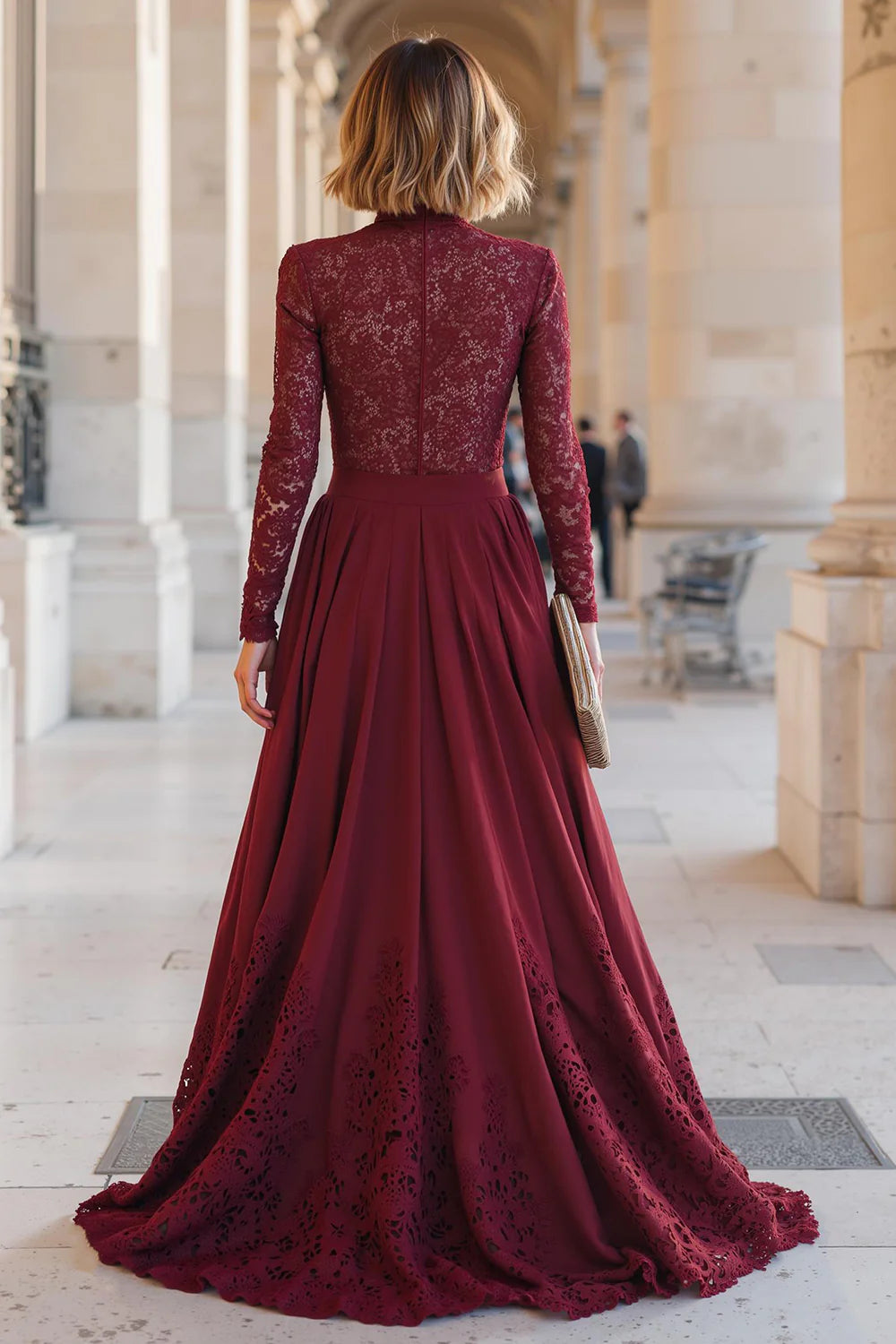 Vintage A-Line High Neck Long Sleeve Zipper Up Sweep/Brush Train Mother of the Bride Dress