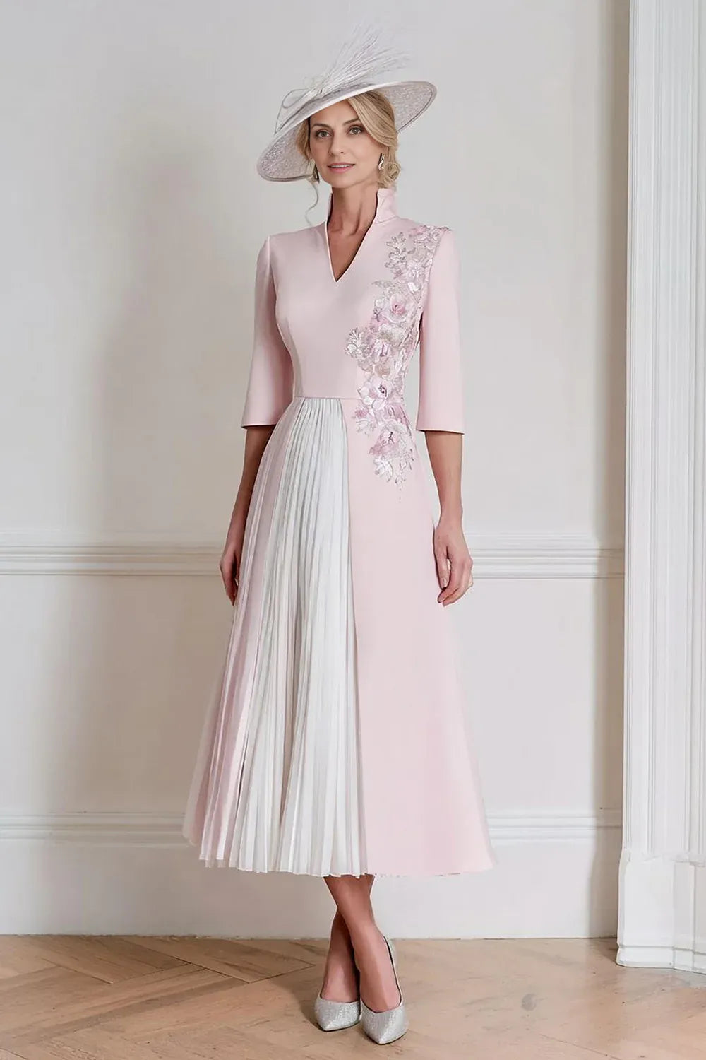 Vintage A-Line Hight V Neck Long Sleeve Floral Ankle-Length Mother of the Bride Dress