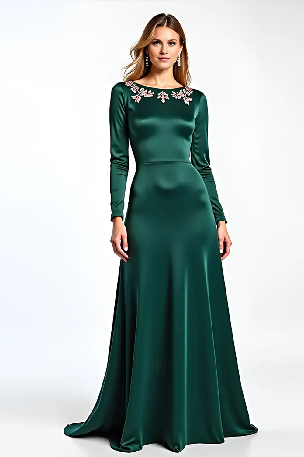 Vintage A-Line Round Neck Long Sleeve V Back Floor-Length Mother of the Bride Dress