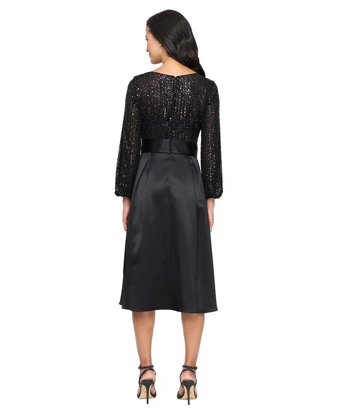 Vintage A-Line Scoop Neck Long-Sleeve Pleated Satin Tea-Length Prom Dress