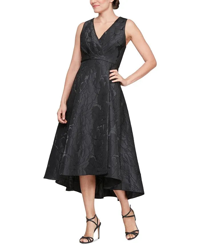 Vintage A-Line V-Neck Sleeveless Flower Printed Satin High-Low Prom Dress