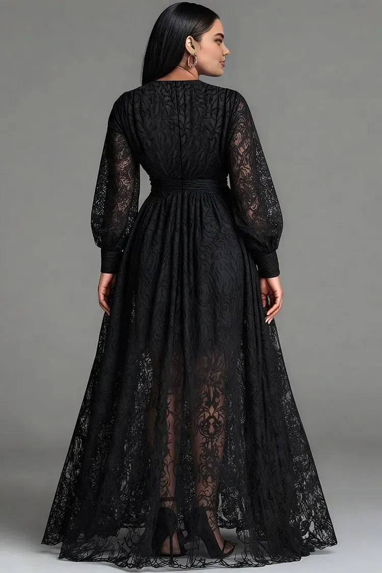 Vintage A-Line V Neck Long Sleeve Split Lace Plus Size Floor Length Prom Dress