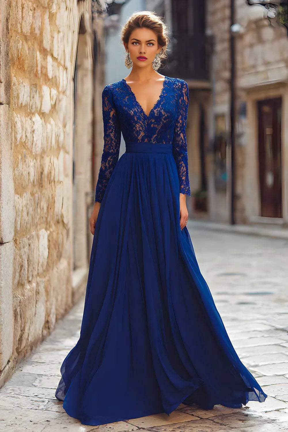 Vintage A Line V-Neck Long Sleeves Zipper Up Floor-Length Mother of the Bride Dress