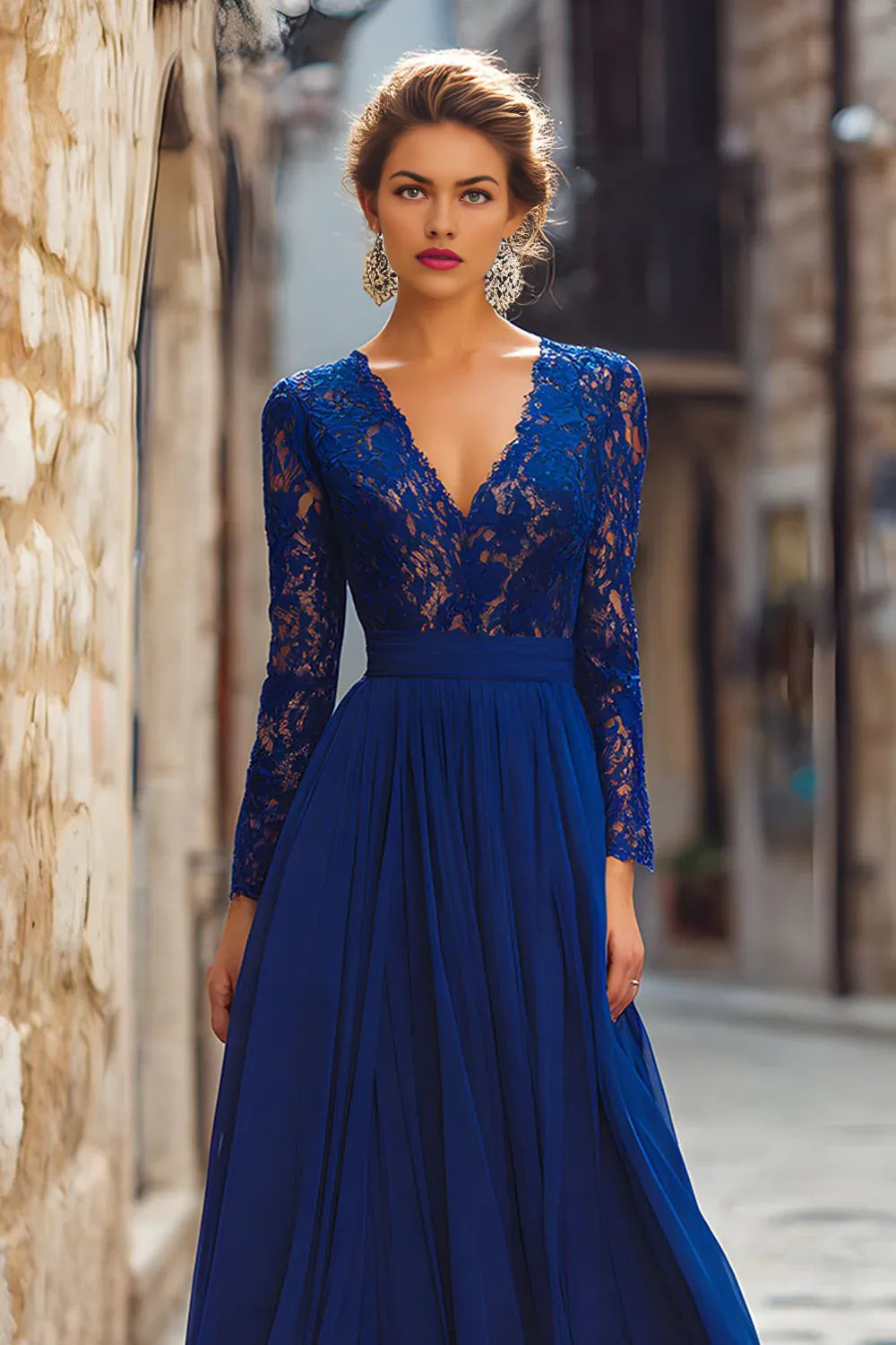 Vintage A Line V-Neck Long Sleeves Zipper Up Floor-Length Mother of the Bride Dress