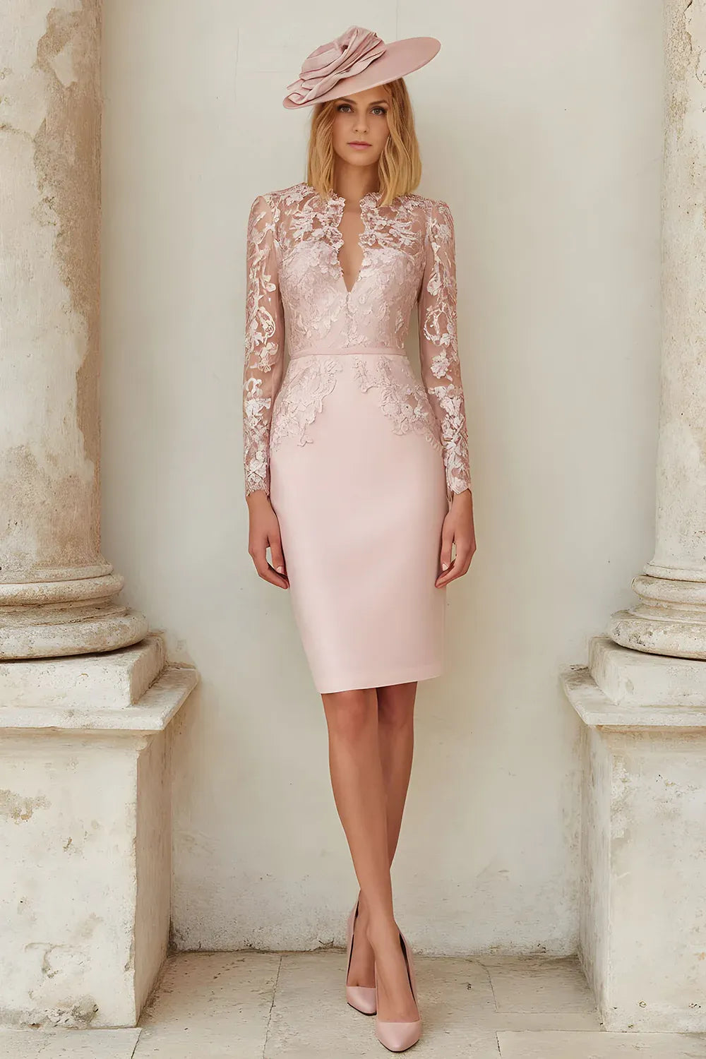 Vintage Bodycon Deep V Neck Long Sleeve Floral Lace Knee-Length Mother of the Bride Dress